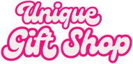 Logo of 'Unique Gift Shop' with pink and white text on a white background.